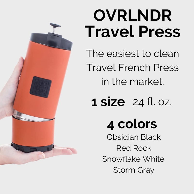 BruTrek OVRLNDR Travel Coffee French Press, 24 fl.oz Drinkable Capacity, Vacuum Insulated, Easy To Clean Removable Bottom, No Spill Lid, On The Go Coffee Brewing (Red Rock) - Image 4